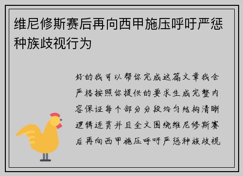 维尼修斯赛后再向西甲施压呼吁严惩种族歧视行为