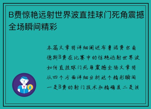 B费惊艳远射世界波直挂球门死角震撼全场瞬间精彩