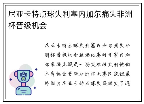 尼亚卡特点球失利塞内加尔痛失非洲杯晋级机会 尼亚卡特点球失利塞内加尔痛失非洲杯晋级机会
